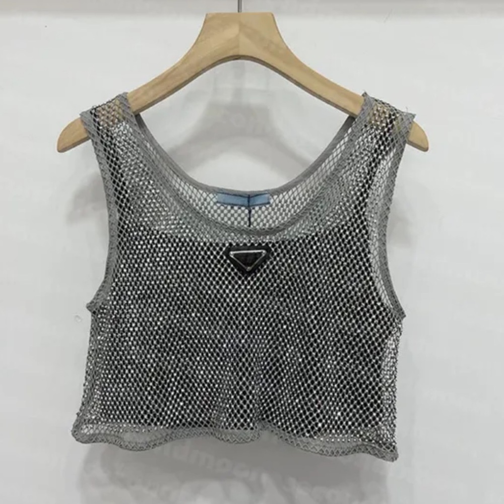 Prada Metallic Mesh Crop Top with rhinestones